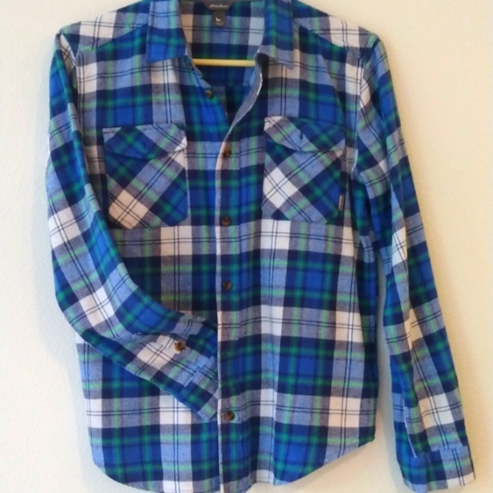 Unisex flannel plaid button down size 14 by Eddie Bauer.